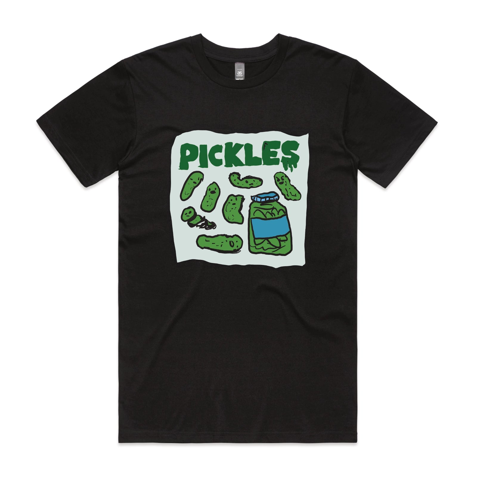 Black unisex t-shirt with Pickles graphic by Lonely Kids Club