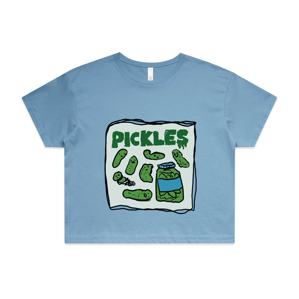 Carolina Blue crop top with Pickles graphic by Lonely Kids Club