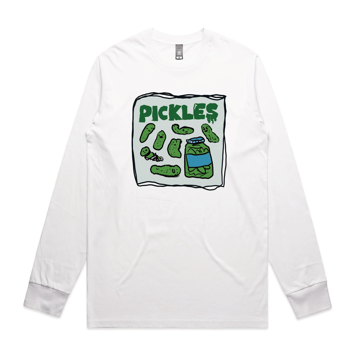 White long sleeve t-shirt with Pickles graphic by Lonely Kids Club