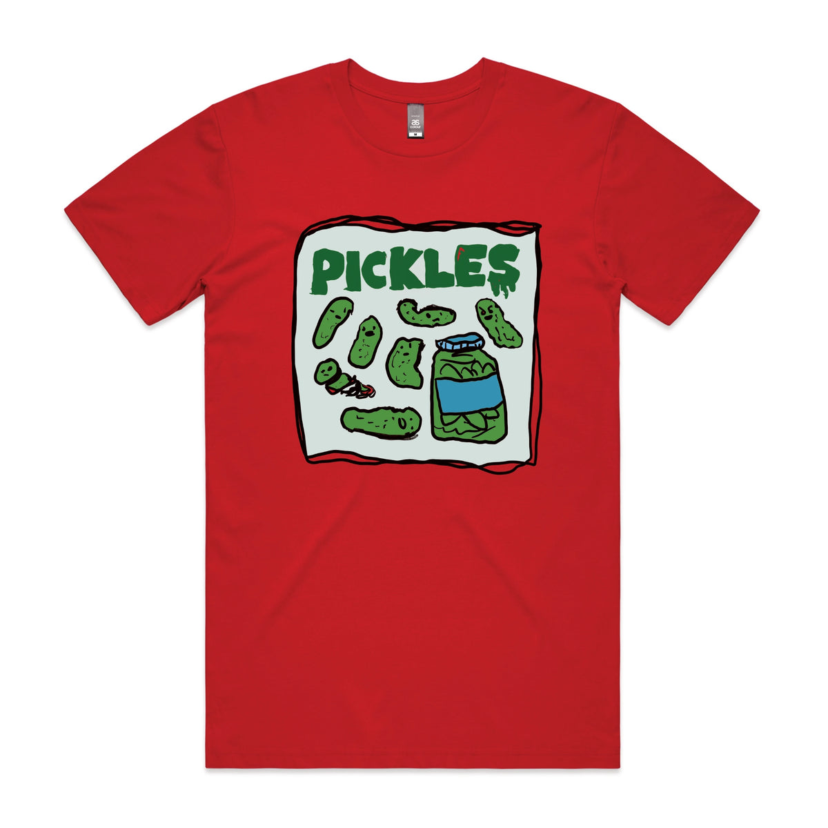 Red unisex t-shirt with Pickles graphic by Lonely Kids Club