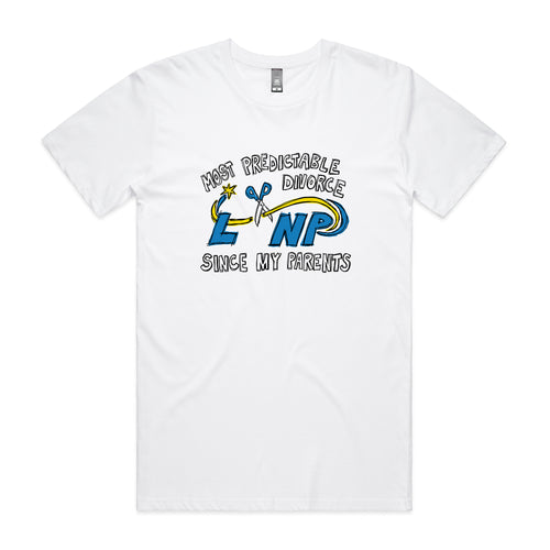 Predictable Divorce Tee by Lonely Kids Club. All clothing from our T-shirts to our shorts and hoodies are ethically made, and printed packed and shipped from Sydney.