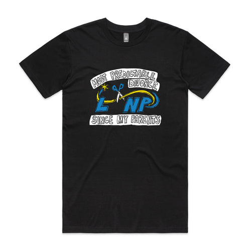 Predictable Divorce Tee by Lonely Kids Club. All clothing from our T-shirts to our shorts and hoodies are ethically made, and printed packed and shipped from Sydney.