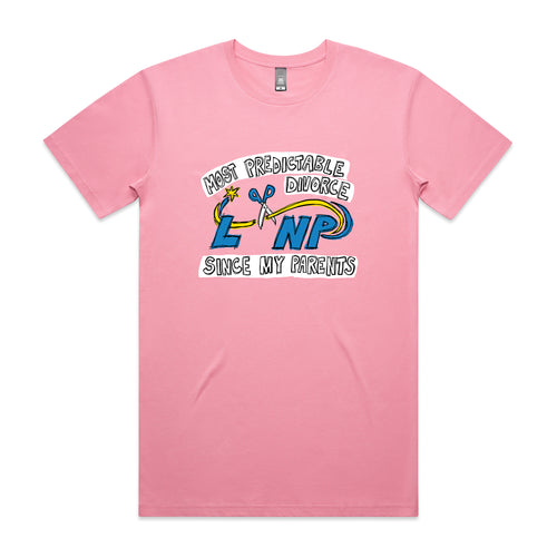 Predictable Divorce Tee by Lonely Kids Club. All clothing from our T-shirts to our shorts and hoodies are ethically made, and printed packed and shipped from Sydney.