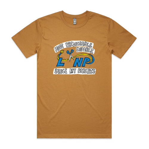 Predictable Divorce Tee by Lonely Kids Club. All clothing from our T-shirts to our shorts and hoodies are ethically made, and printed packed and shipped from Sydney.