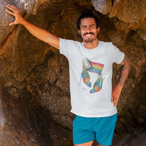 Pride Flag & Lorikeets Tee by Lonely Kids Club. All clothing from our T-shirts to our shorts and hoodies are ethically made, and printed packed and shipped from Sydney.
