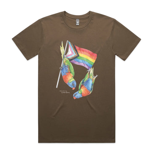 Pride Flag & Lorikeets Tee by Lonely Kids Club. All clothing from our T-shirts to our shorts and hoodies are ethically made, and printed packed and shipped from Sydney.