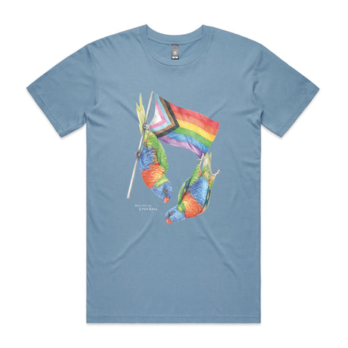 Pride Flag & Lorikeets Tee by Lonely Kids Club. All clothing from our T-shirts to our shorts and hoodies are ethically made, and printed packed and shipped from Sydney.