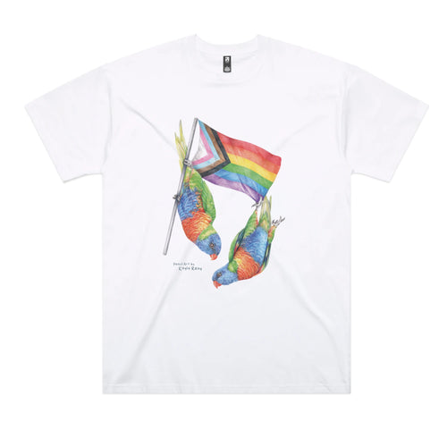 Pride Flag & Lorikeets Tee by Lonely Kids Club. All clothing from our T-shirts to our shorts and hoodies are ethically made, and printed packed and shipped from Sydney.