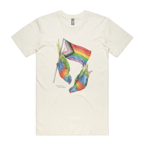 Pride Flag & Lorikeets Tee by Lonely Kids Club. All clothing from our T-shirts to our shorts and hoodies are ethically made, and printed packed and shipped from Sydney.
