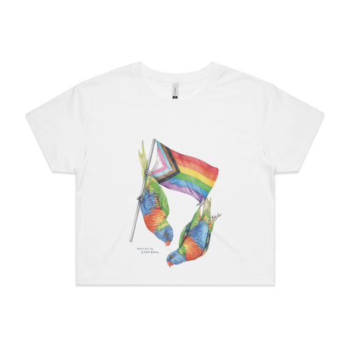 Pride Flag & Lorikeets Tee by Lonely Kids Club. All clothing from our T-shirts to our shorts and hoodies are ethically made, and printed packed and shipped from Sydney.