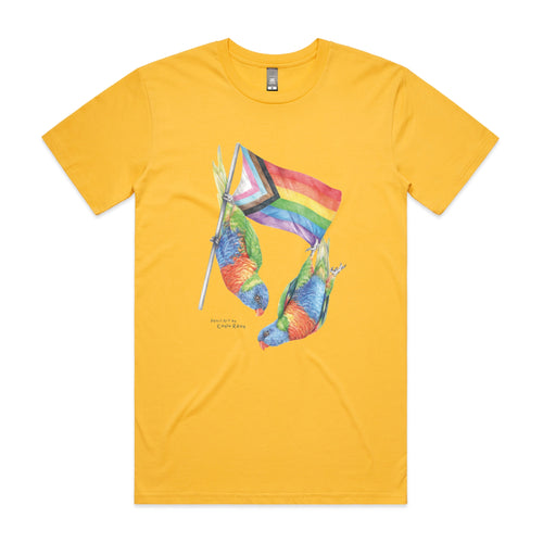 Pride Flag & Lorikeets Tee by Lonely Kids Club. All clothing from our T-shirts to our shorts and hoodies are ethically made, and printed packed and shipped from Sydney.