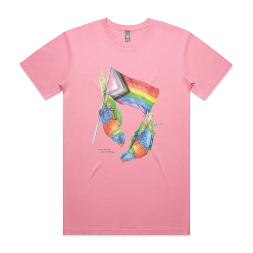 Pride Flag & Lorikeets Tee by Lonely Kids Club. All clothing from our T-shirts to our shorts and hoodies are ethically made, and printed packed and shipped from Sydney.