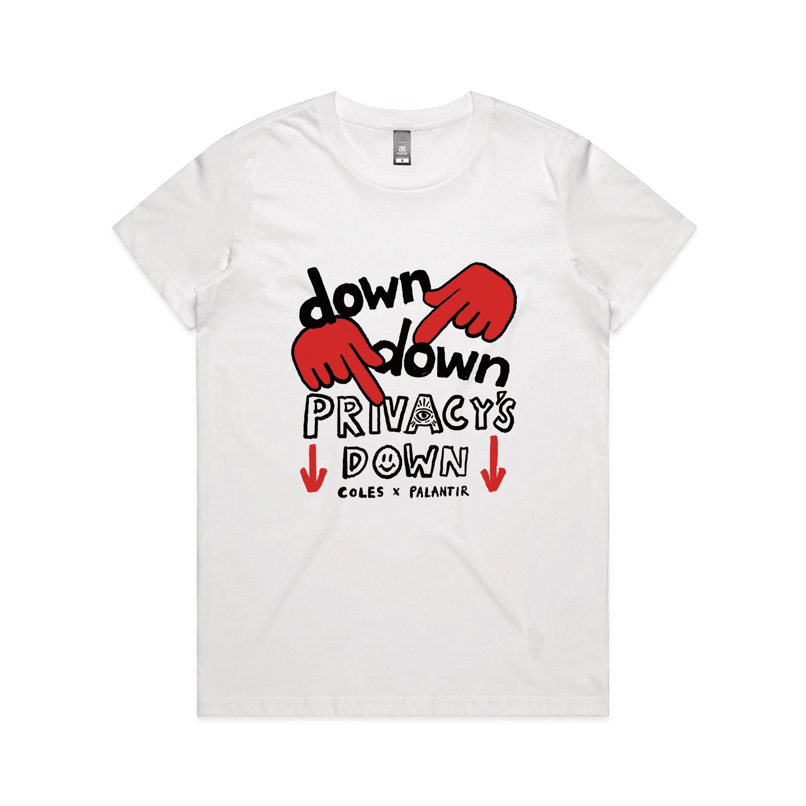 White fitted womens t-shirt with Privacy's Down graphic by Lonely Kids Club