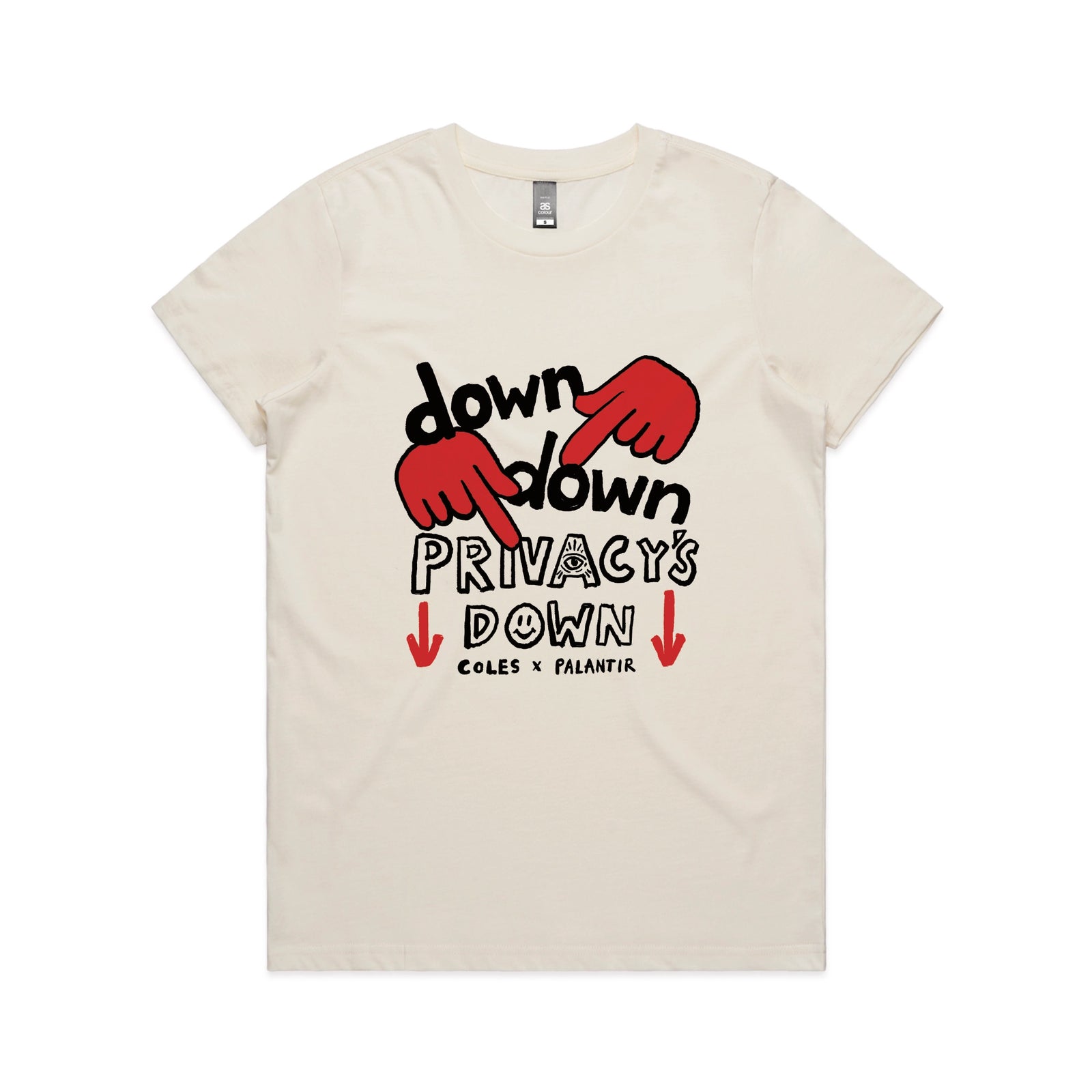 Ecru fitted womens t-shirt with Privacy's Down graphic by Lonely Kids Club