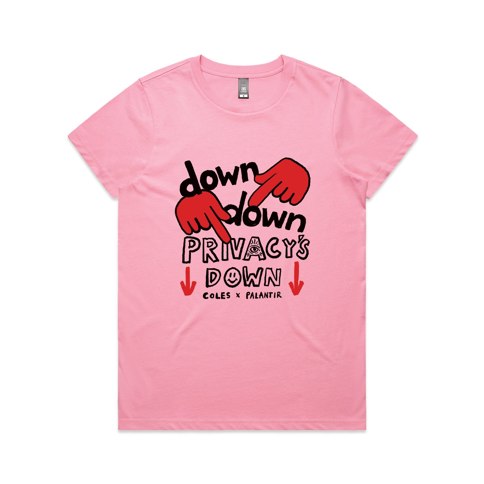 Bubblegum fitted womens t-shirt with Privacy's Down graphic by Lonely Kids Club