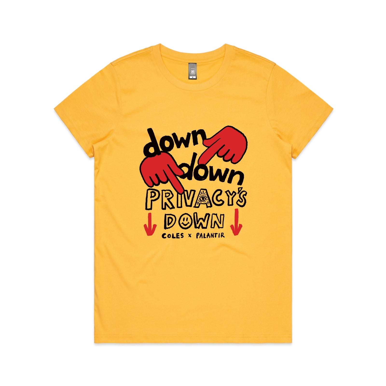 Yellow fitted womens t-shirt with Privacy's Down graphic by Lonely Kids Club