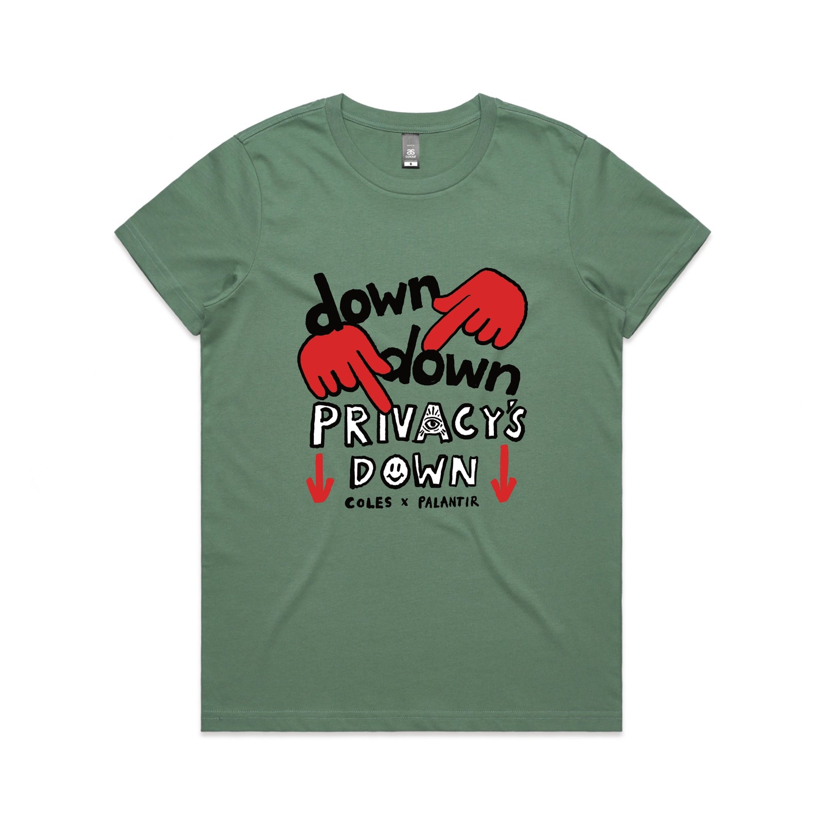 Sage fitted womens t-shirt with Privacy's Down graphic by Lonely Kids Club