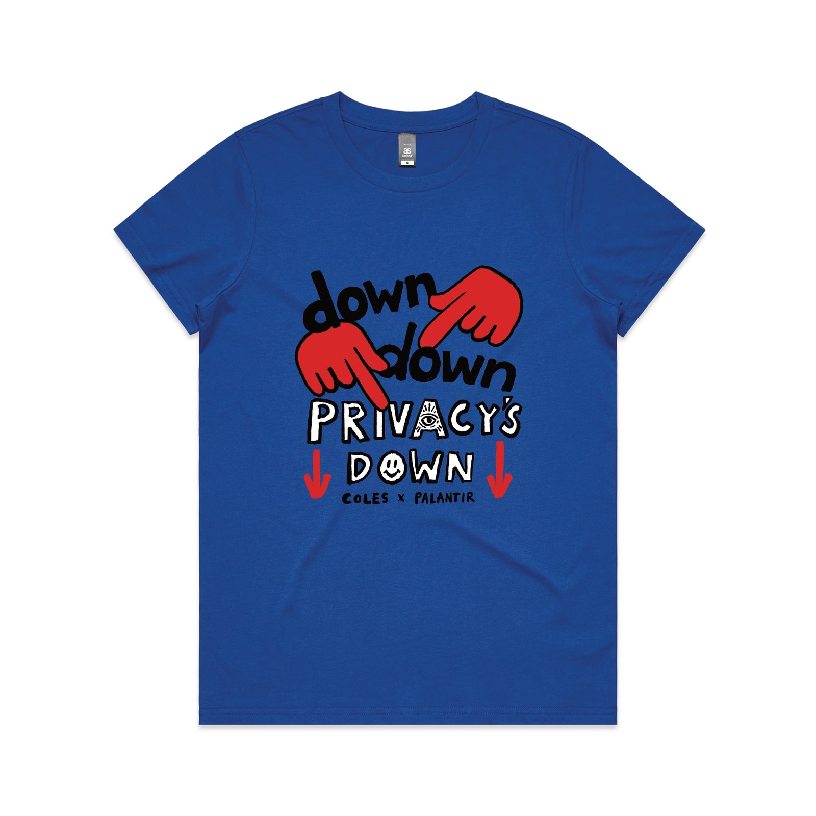 Royal Blue fitted womens t-shirt with Privacy's Down graphic by Lonely Kids Club