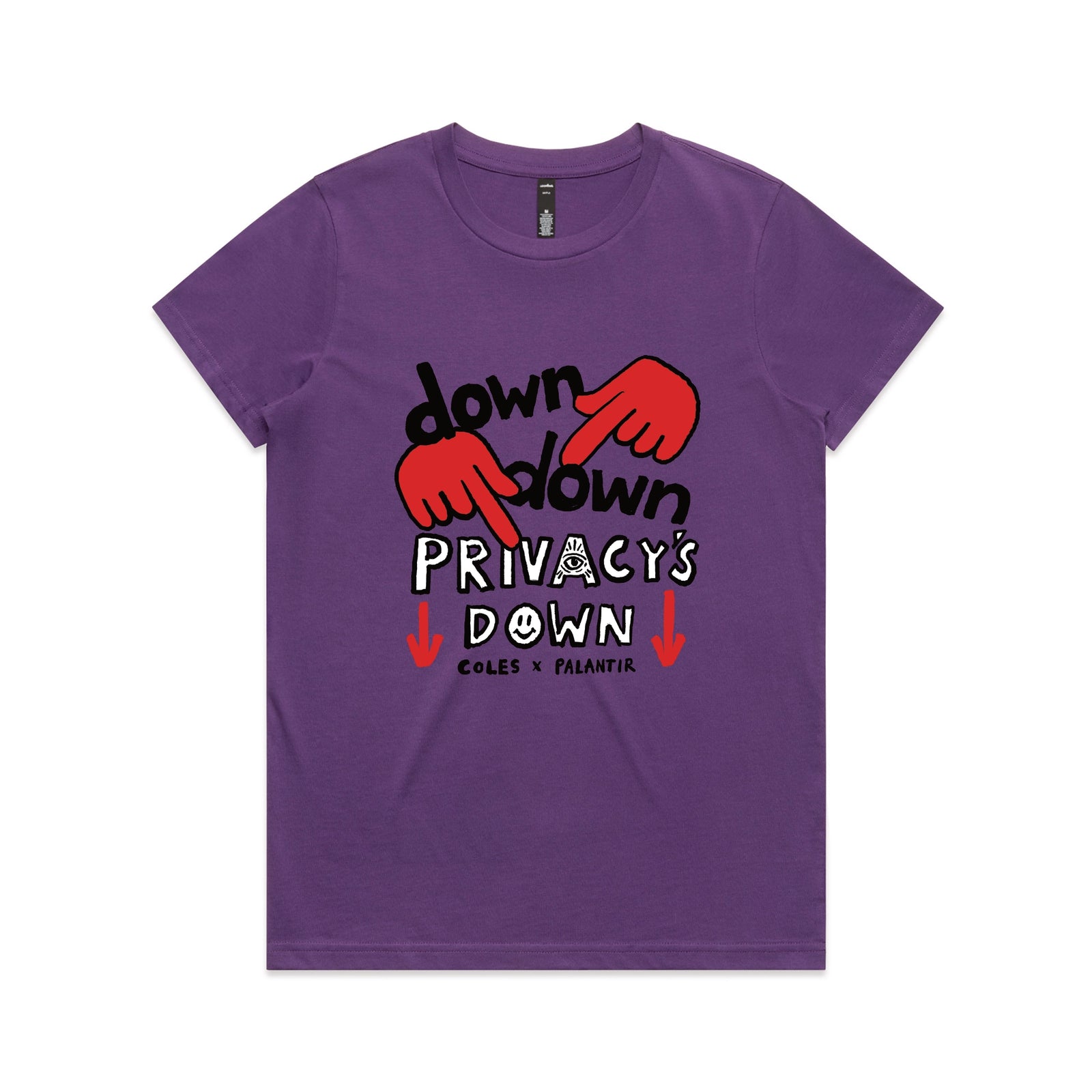Purple fitted womens t-shirt with Privacy's Down graphic by Lonely Kids Club