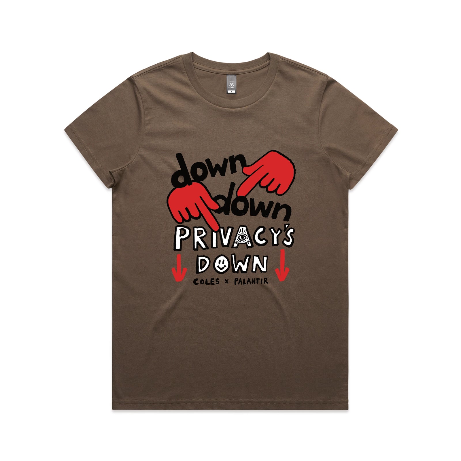 Walnut fitted womens t-shirt with Privacy's Down graphic by Lonely Kids Club