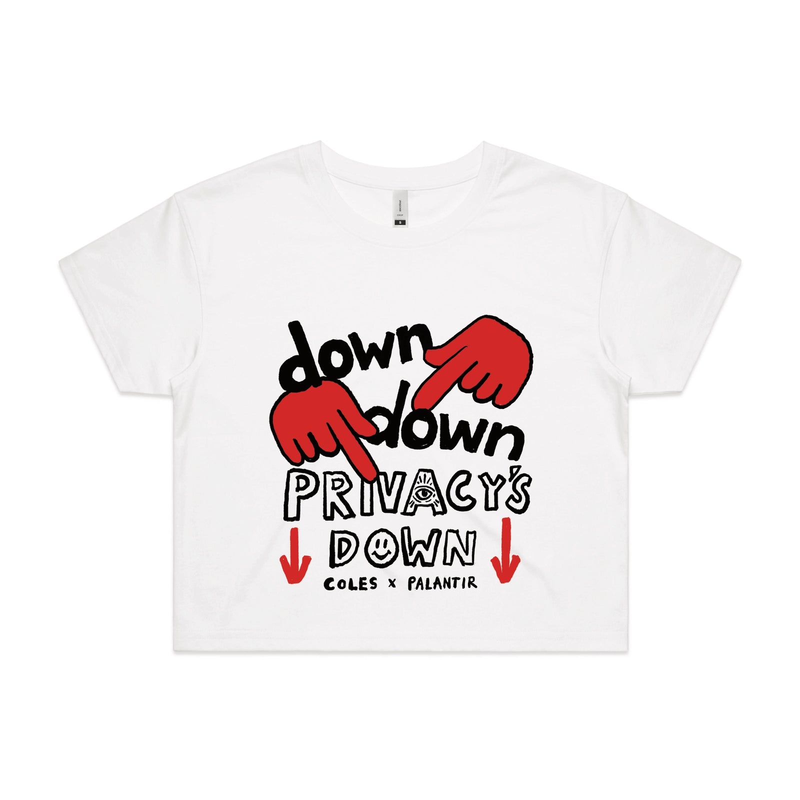 White crop top with Privacy's Down graphic by Lonely Kids Club