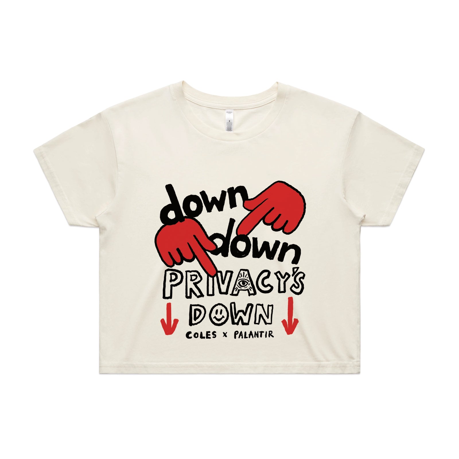 Ecru crop top with Privacy's Down graphic by Lonely Kids Club