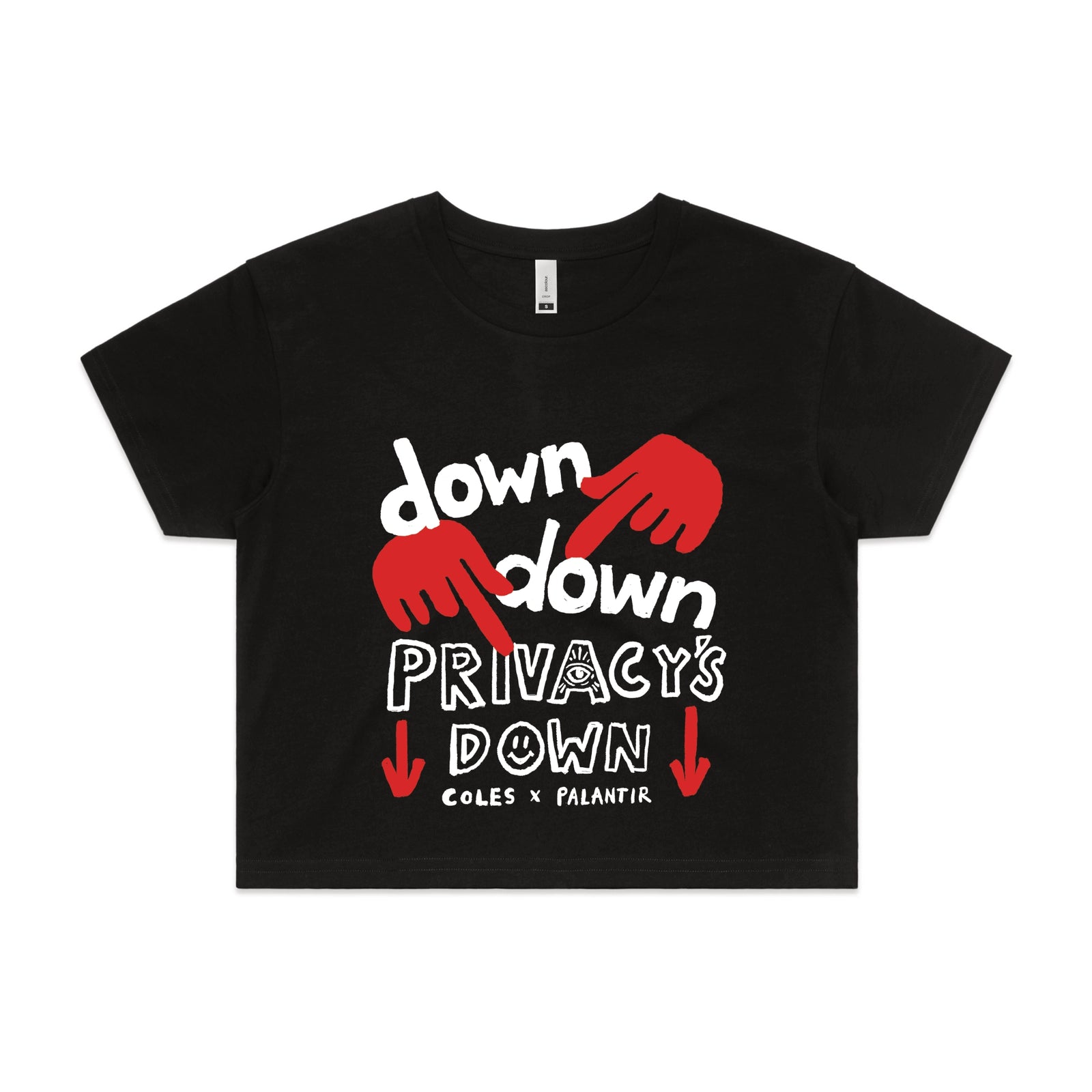 Black crop top with Privacy's Down graphic by Lonely Kids Club