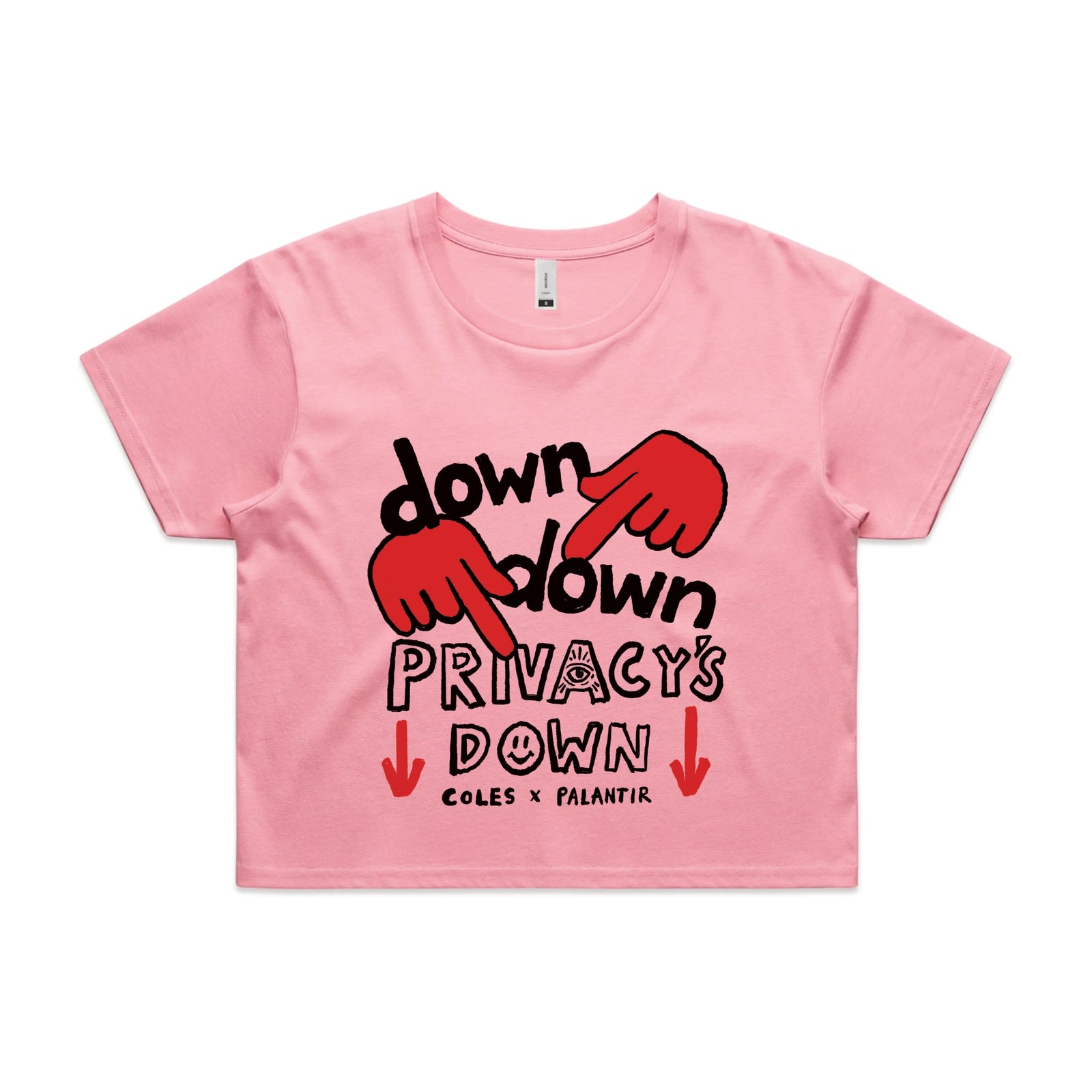 Bubblegum crop top with Privacy's Down graphic by Lonely Kids Club