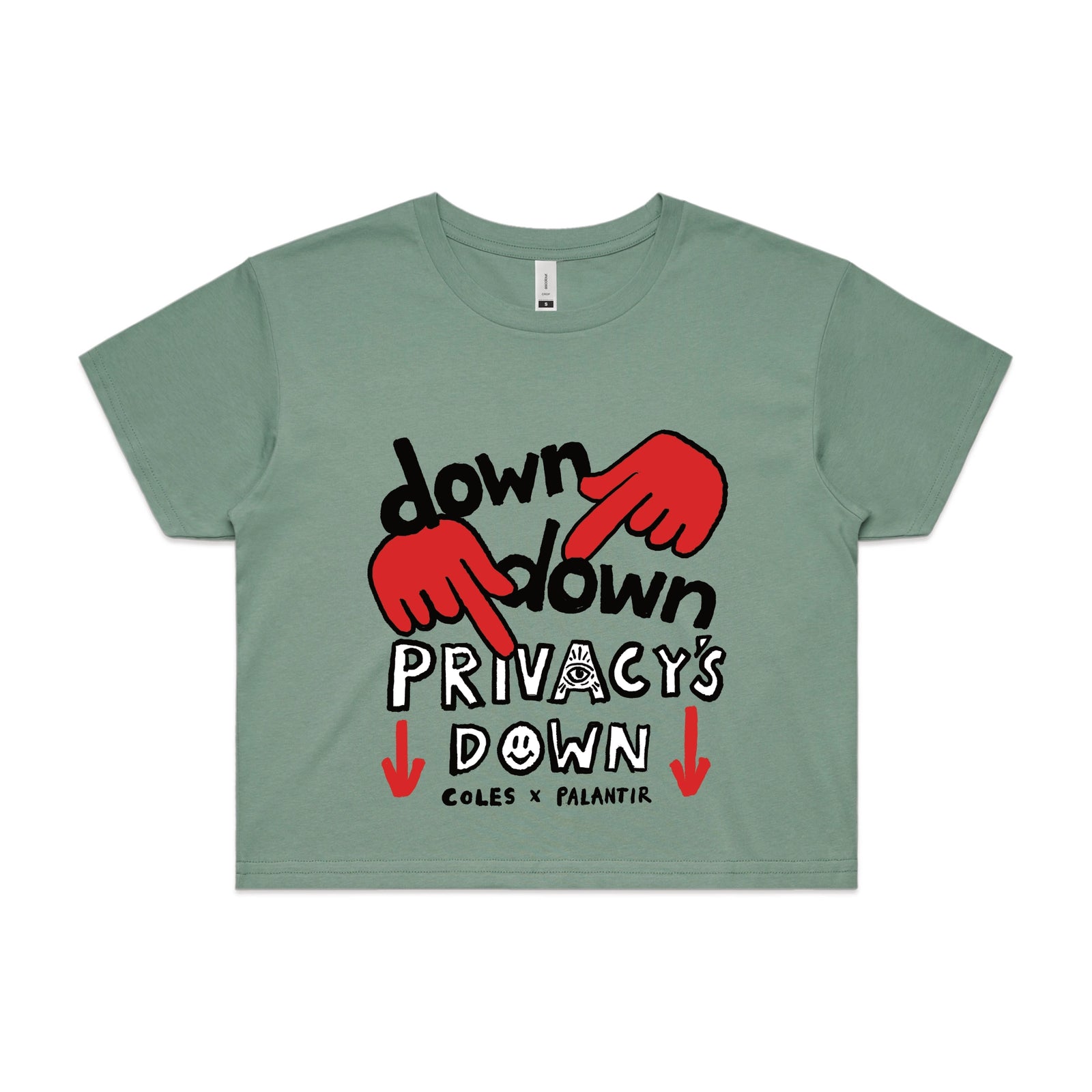 Sage crop top with Privacy's Down graphic by Lonely Kids Club