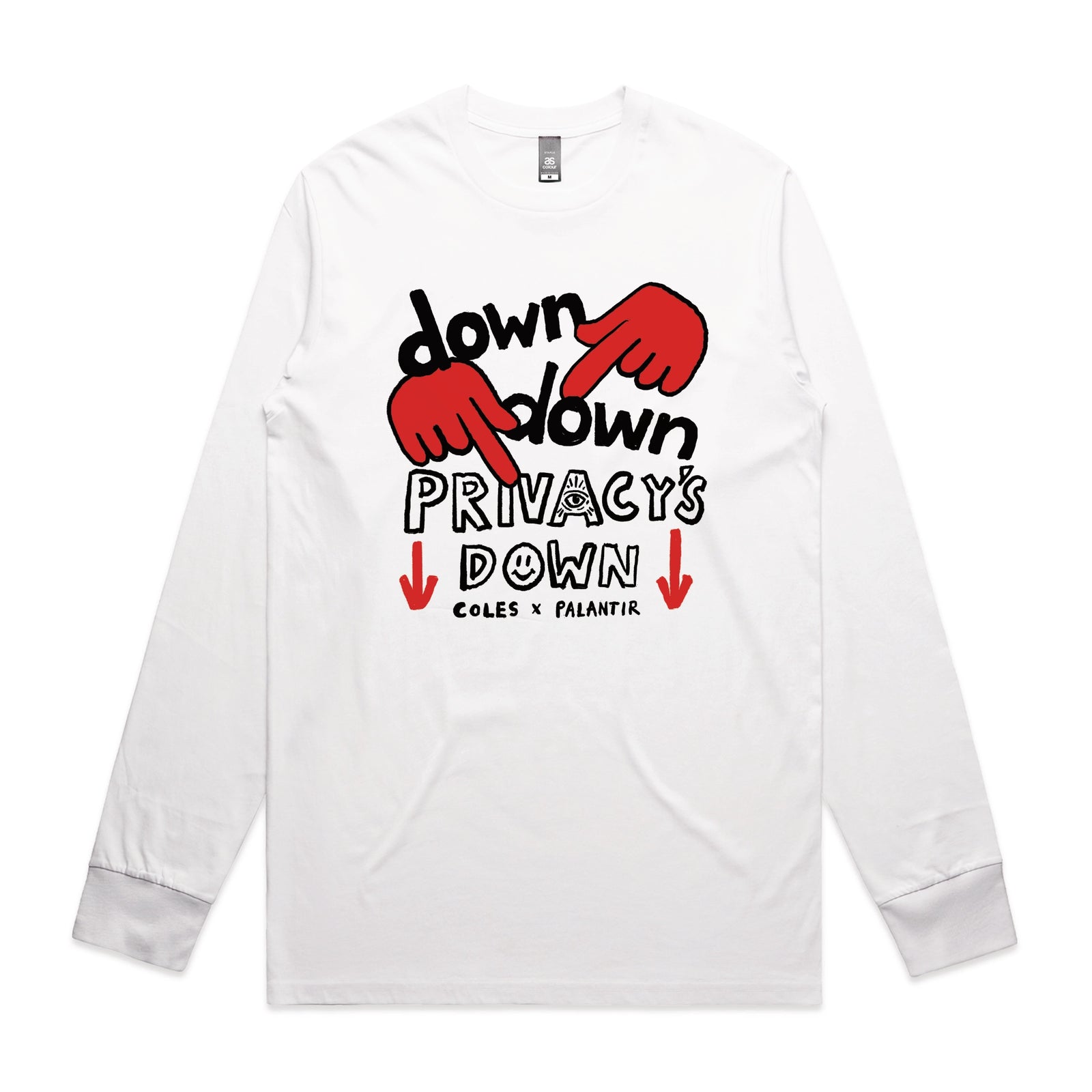 White long sleeve t-shirt with Privacy's Down graphic by Lonely Kids Club