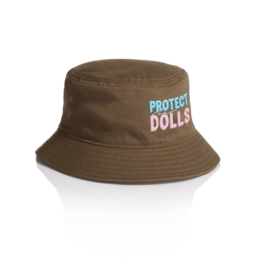Protect The Dolls Bucket Hat by Lonely Kids Club. All clothing from our T-shirts to our shorts and hoodies are ethically made, and printed packed and shipped from Sydney.