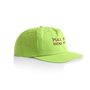 Pull Ya Head In Cap by Lonely Kids Club. All clothing from our T-shirts to our shorts and hoodies are ethically made, and printed packed and shipped from Sydney.