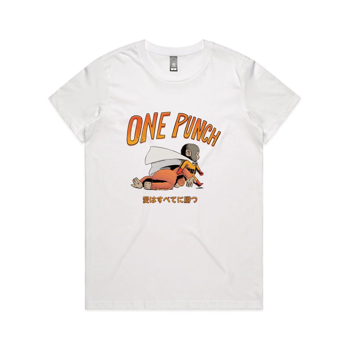 White fitted womens t-shirt with One Punch graphic by Lonely Kids Club