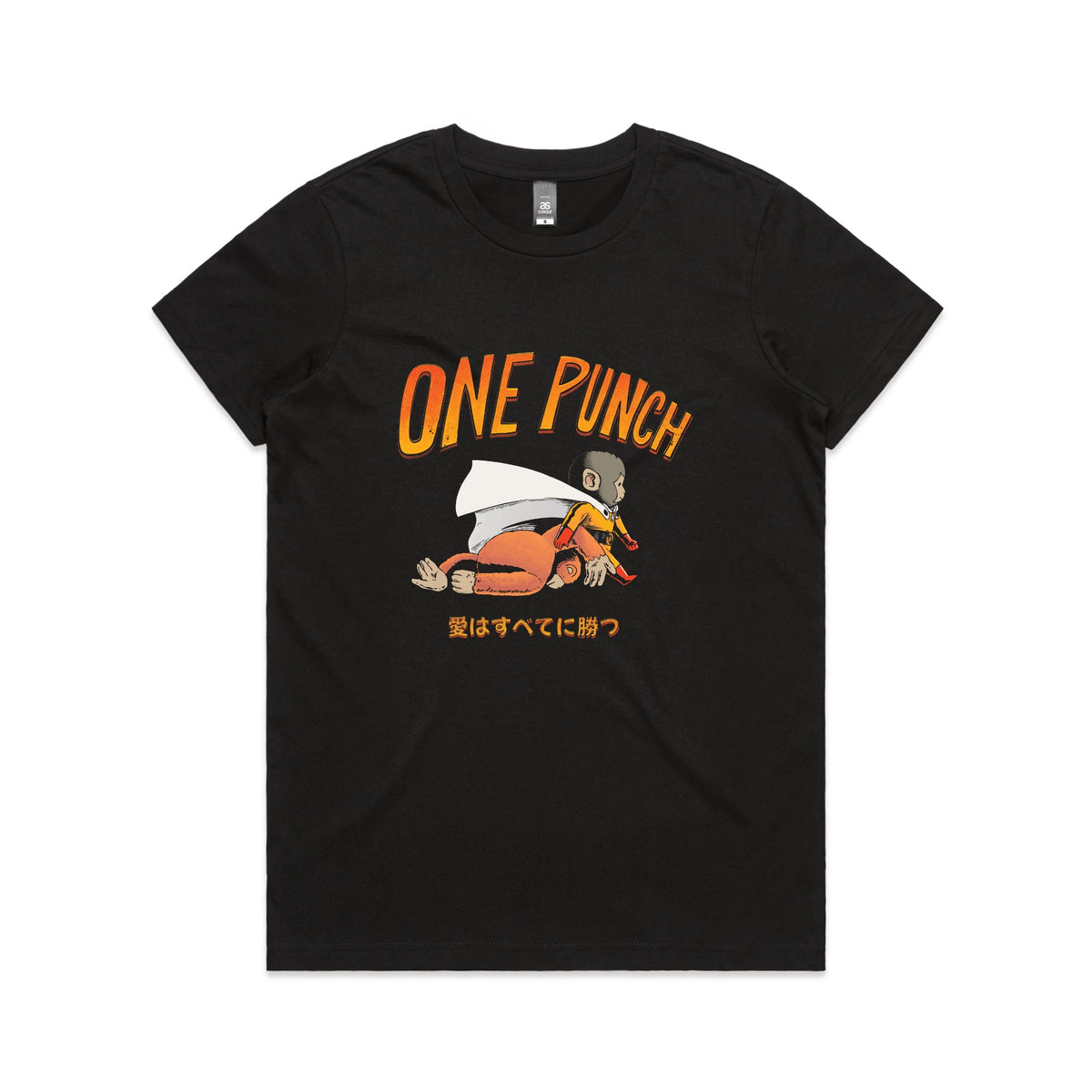 Black fitted womens t-shirt with One Punch graphic by Lonely Kids Club