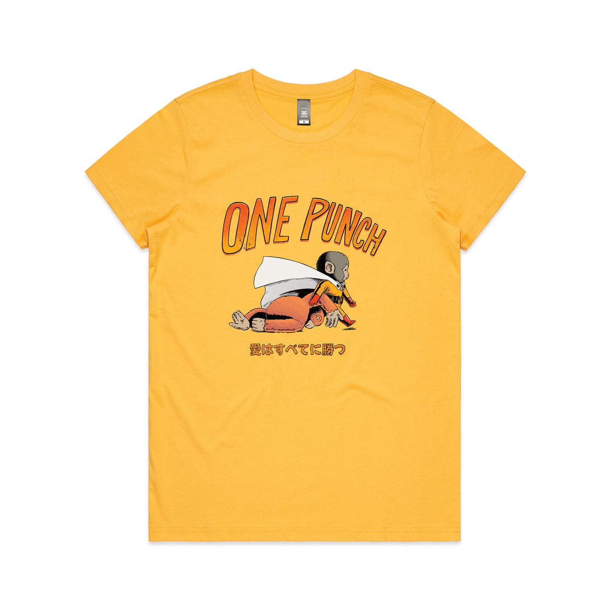 Yellow fitted womens t-shirt with One Punch graphic by Lonely Kids Club