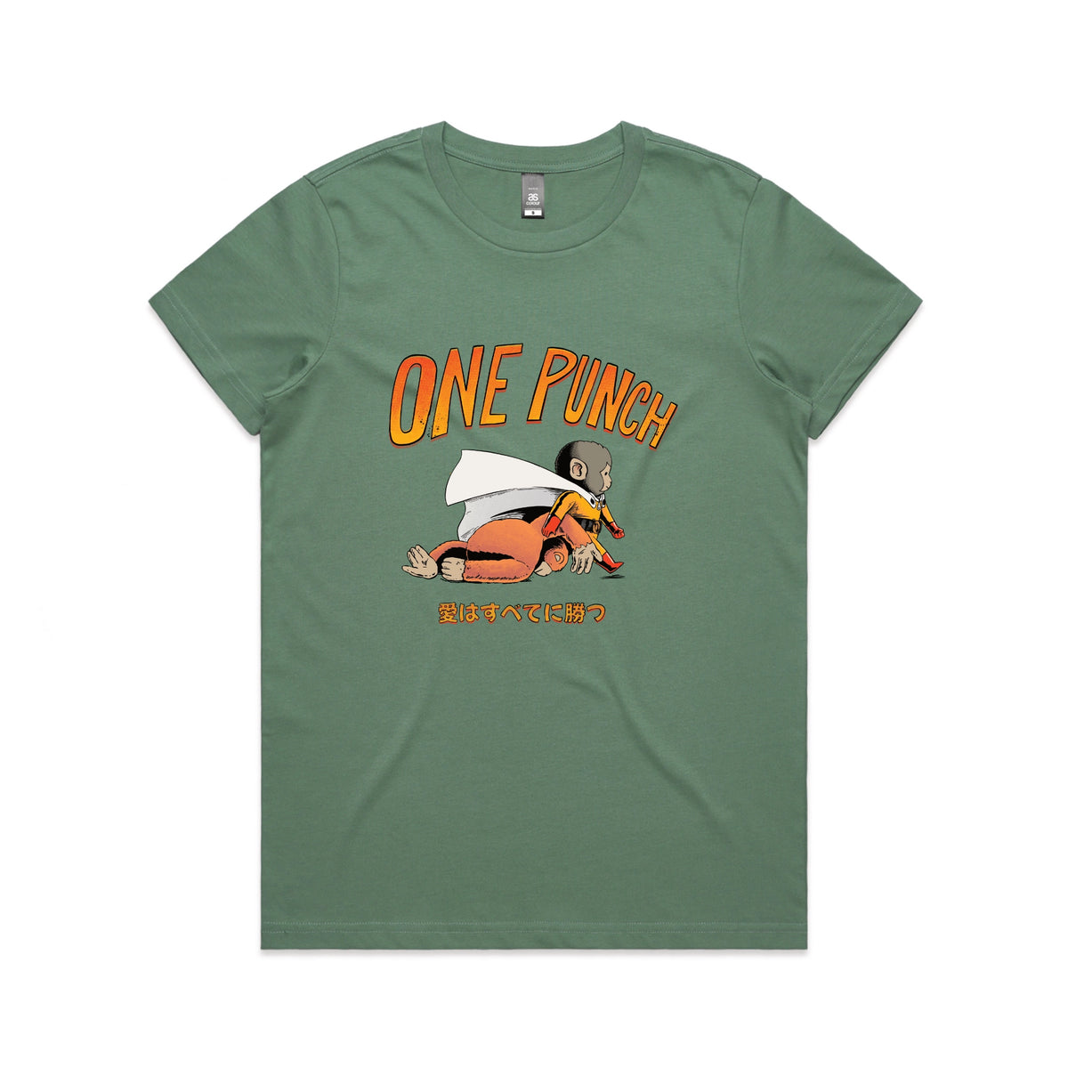 Sage fitted womens t-shirt with One Punch graphic by Lonely Kids Club