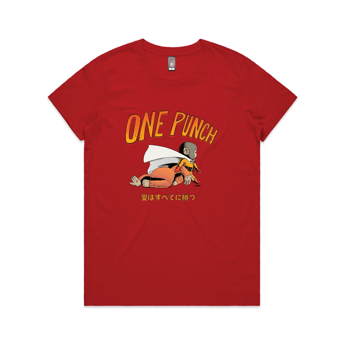 Red fitted womens t-shirt with One Punch graphic by Lonely Kids Club