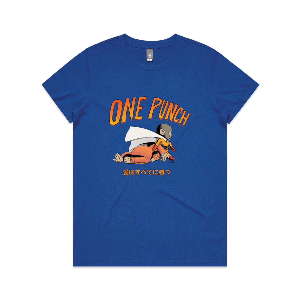 Royal Blue fitted womens t-shirt with One Punch graphic by Lonely Kids Club