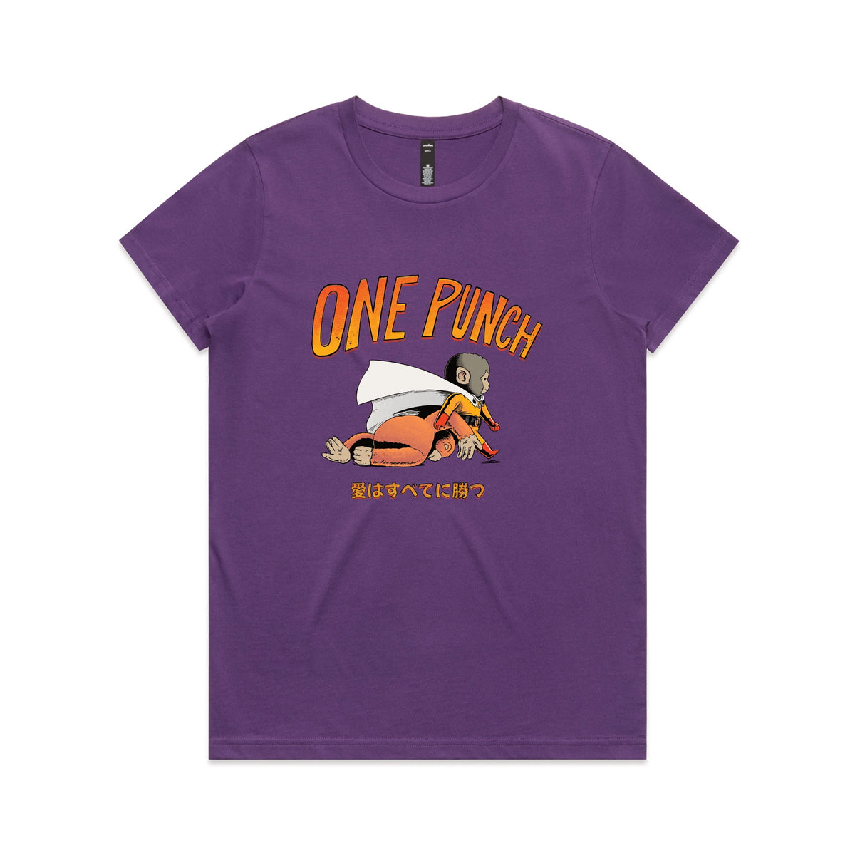 Purple fitted womens t-shirt with One Punch graphic by Lonely Kids Club
