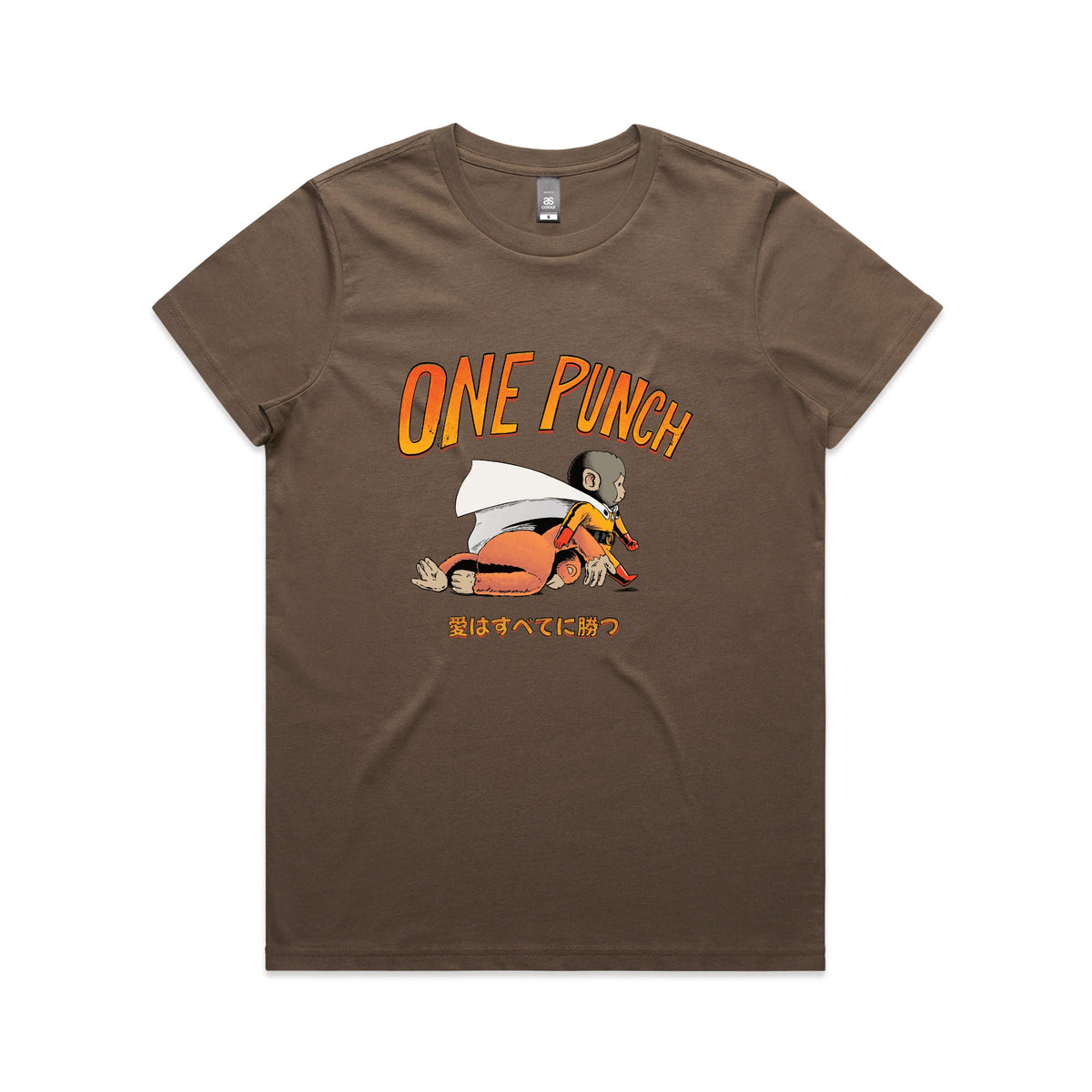 Walnut fitted womens t-shirt with One Punch graphic by Lonely Kids Club