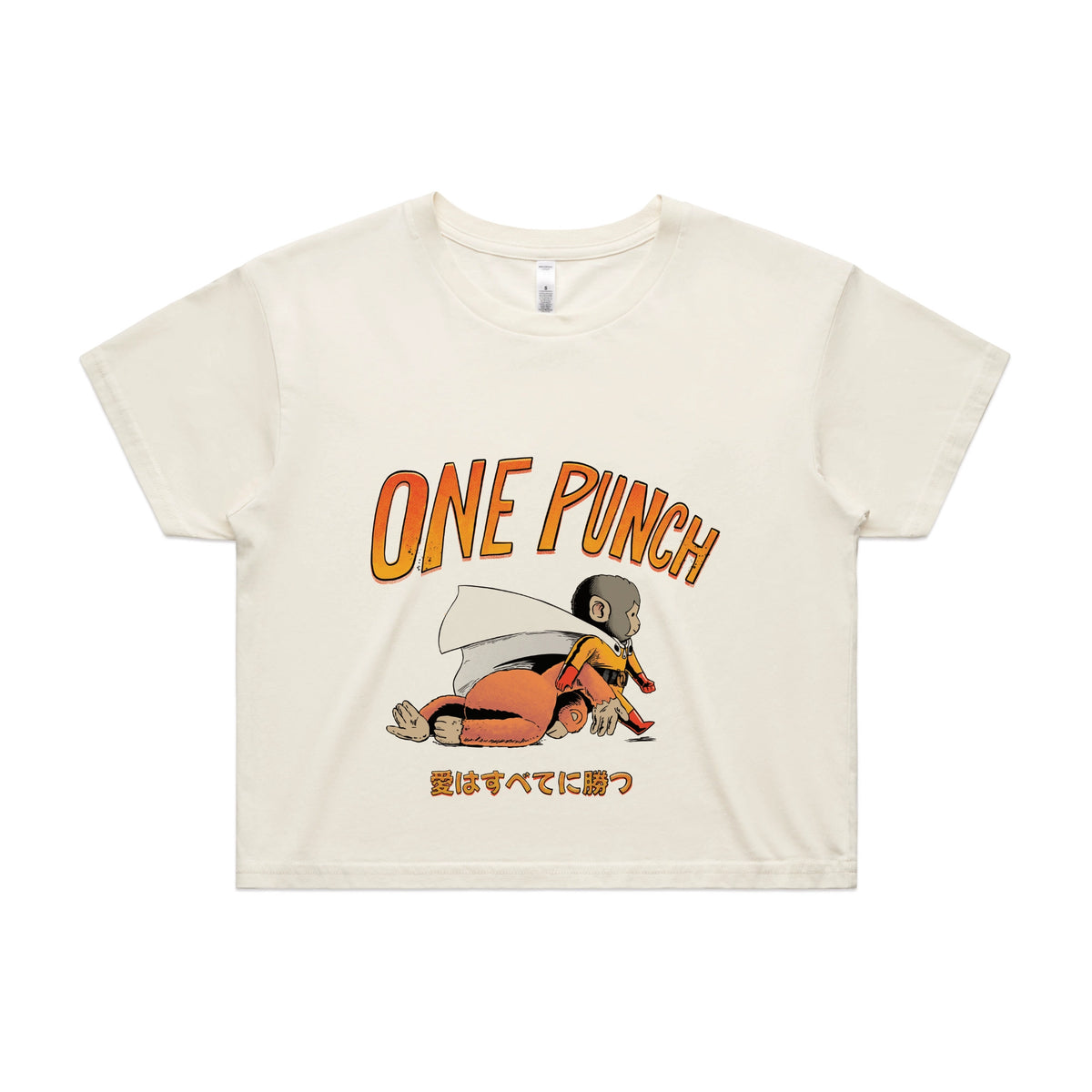 Ecru crop top with One Punch graphic by Lonely Kids Club