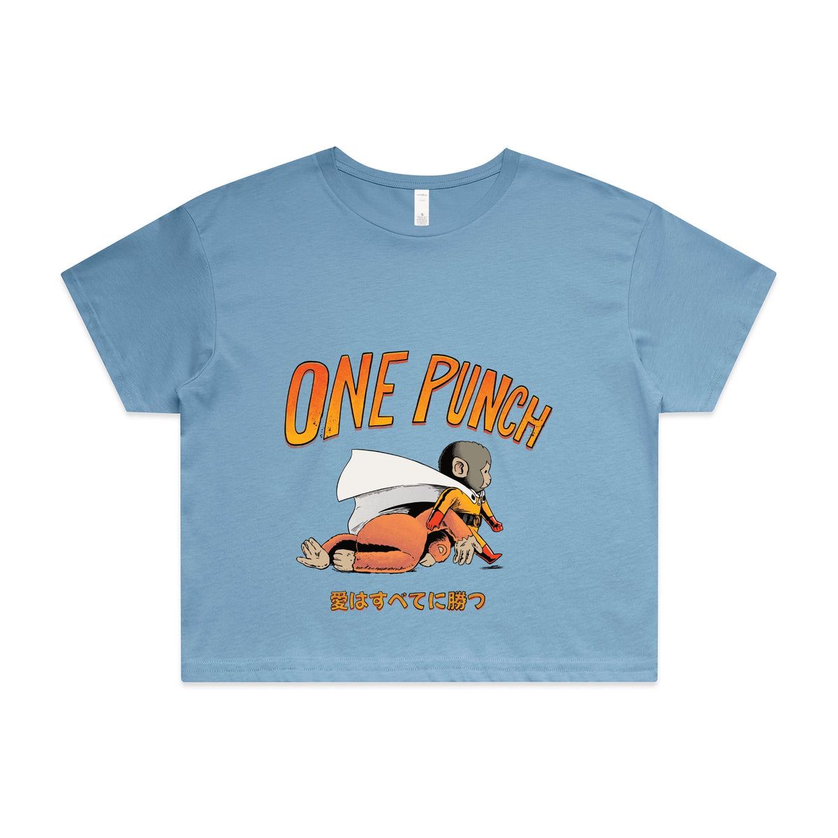 Carolina Blue crop top with One Punch graphic by Lonely Kids Club