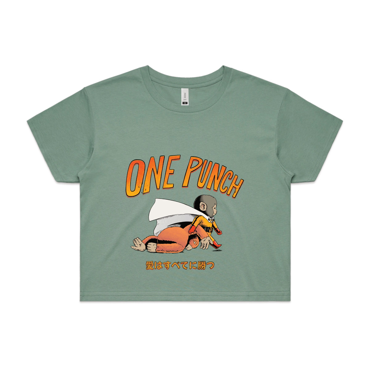 Sage crop top with One Punch graphic by Lonely Kids Club