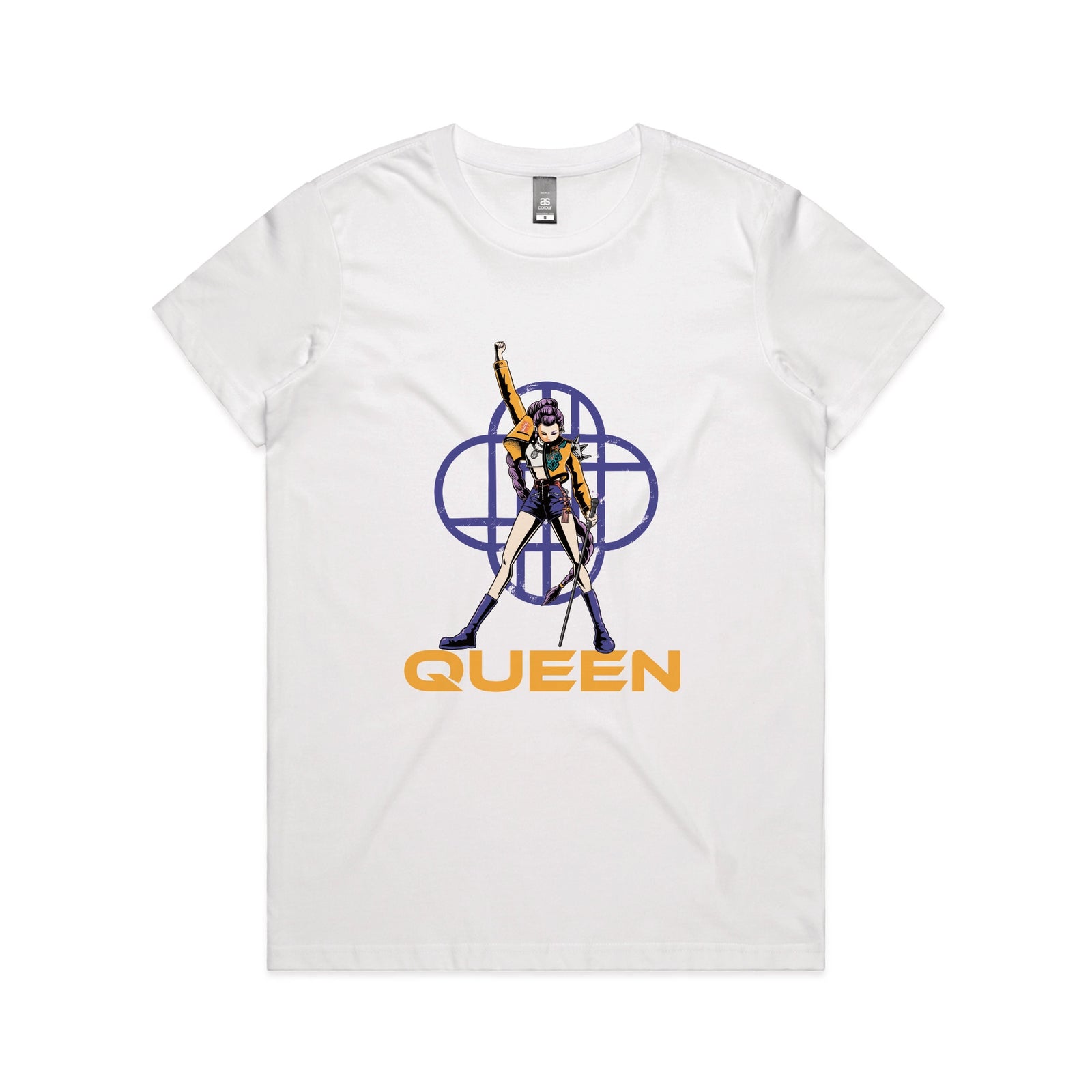White fitted womens t-shirt with Queen graphic by Lonely Kids Club
