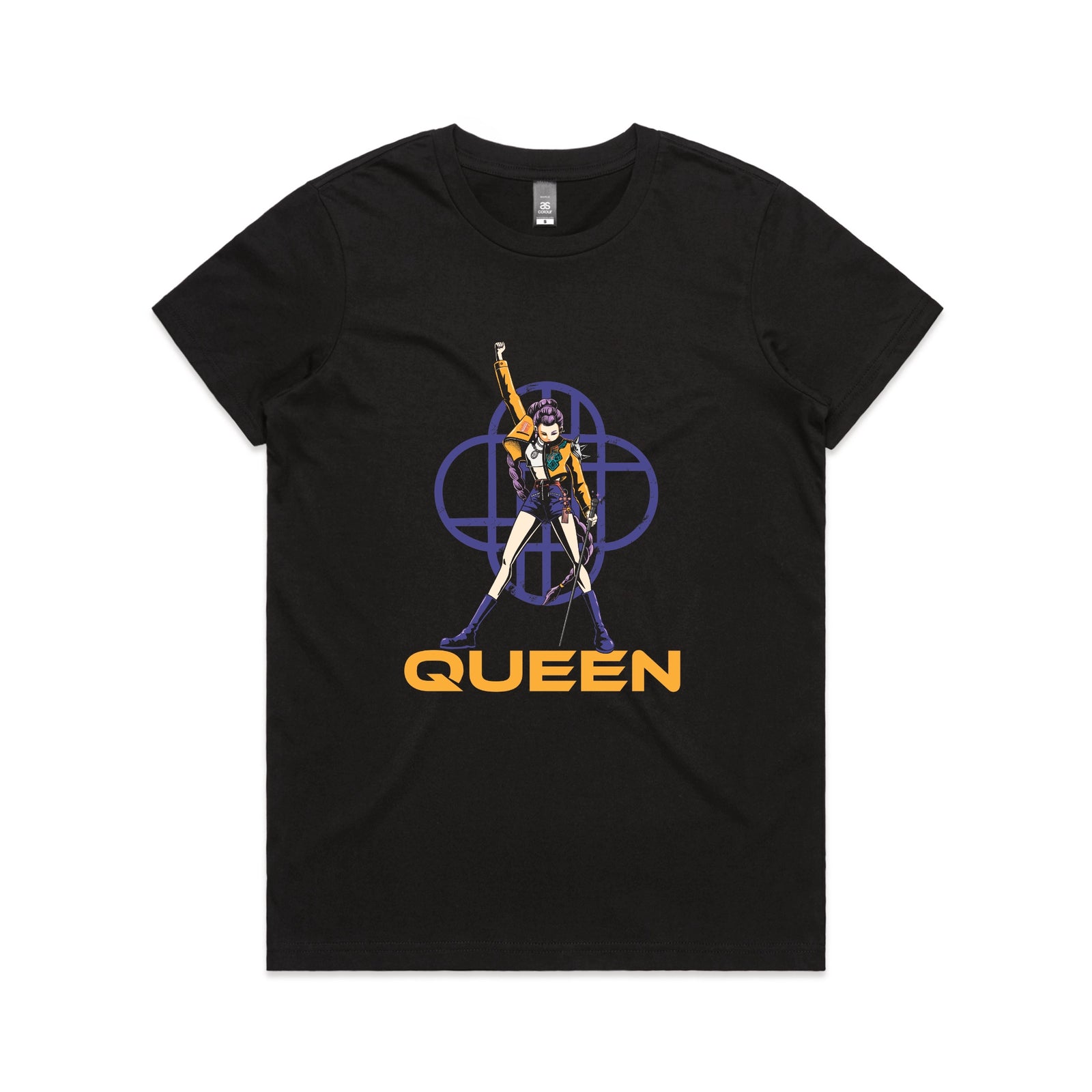Black fitted womens t-shirt with Queen graphic by Lonely Kids Club
