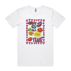 Queer All Year Tee by Lonely Kids Club. All clothing from our T-shirts to our shorts and hoodies are ethically made, and printed packed and shipped from Sydney.