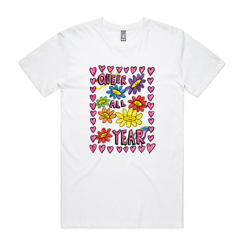 Queer All Year Tee by Lonely Kids Club. All clothing from our T-shirts to our shorts and hoodies are ethically made, and printed packed and shipped from Sydney.