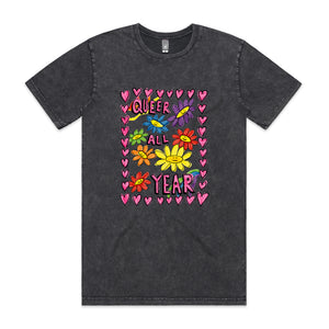 Queer All Year Tee by Lonely Kids Club. All clothing from our T-shirts to our shorts and hoodies are ethically made, and printed packed and shipped from Sydney.