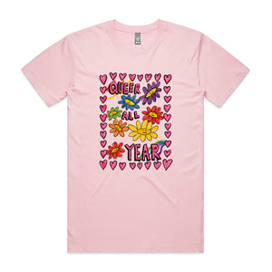 Queer All Year Tee by Lonely Kids Club. All clothing from our T-shirts to our shorts and hoodies are ethically made, and printed packed and shipped from Sydney.