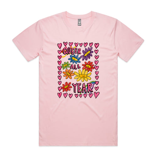 Queer All Year Tee by Lonely Kids Club. All clothing from our T-shirts to our shorts and hoodies are ethically made, and printed packed and shipped from Sydney.
